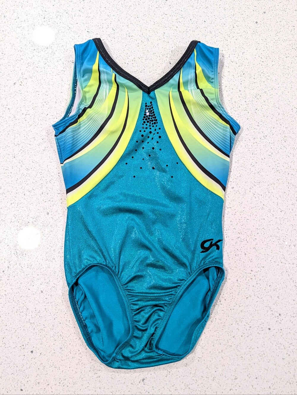 GREAT GK Elite AXS Extra Small Gymnastics Dance Leotard Teal Blue Green SEQUINS